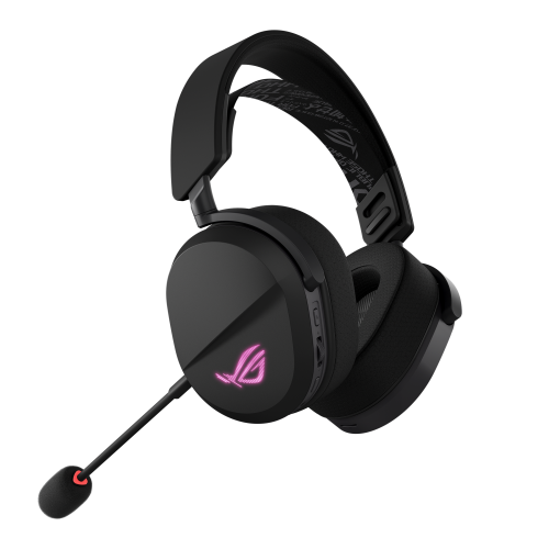 Casque gaming sans fil ROG Pelta noir avec micro amovible et logo RGB rose, accompagné d’un dongle USB-C.